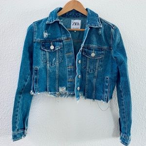 Zara cropped distressed denim jean jacket small